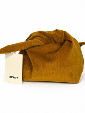 👜 MERIT Beauty Signature Corduroy Tie Top Cosmetic Makeup Pouch Bag NWT Mustard